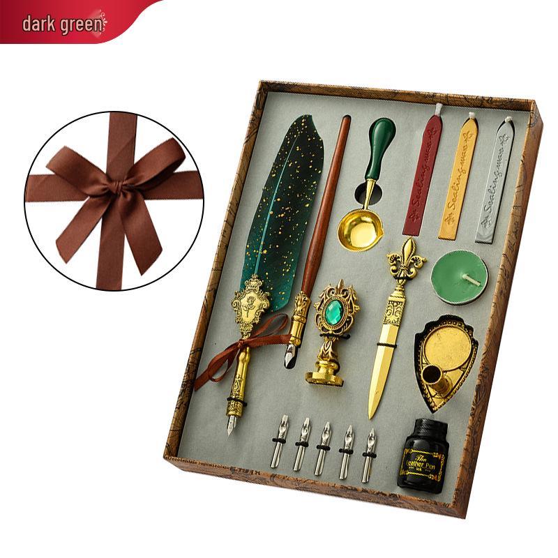 British Style Gold Splatter Feather Pen Set with Custom Logo - Ink Dipping Set, Birthday Gift