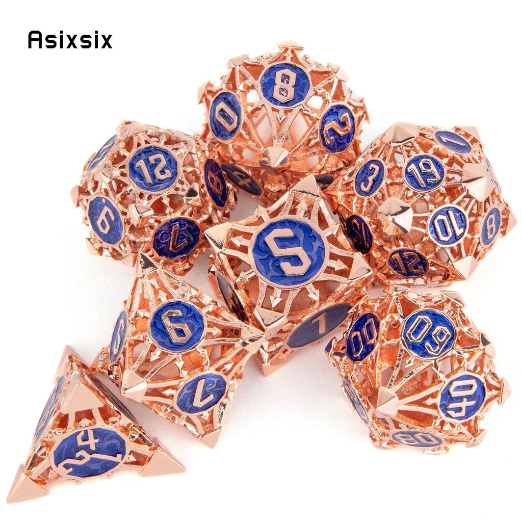 7 шт. оранжево-синие металлические кубики, набор полых металлических многогранных кубиков, подходящий для ролевой ролевой игры, настольной игры, карточной игры