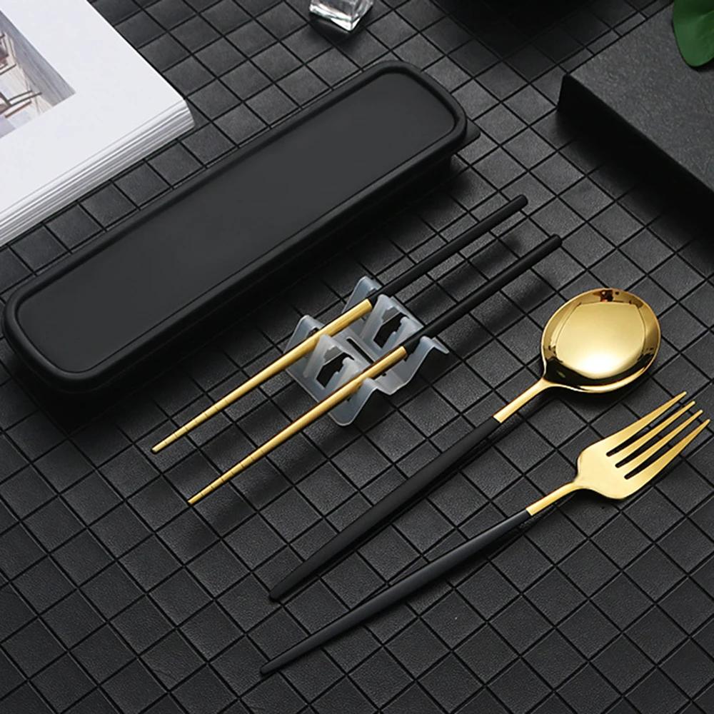 4 шт. Золотой портативный набор столовых приборов с коробкой ложка вилка палочки для еды набор из нержавеющей стали обеденная посуда кухонные принадлежности