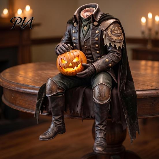 Jack O Lantern Statue Resin Headless Horseman with LED Warm Glow, Lighted Halloween Handmade Legend Collectible Sculpture, Gothic Tabletop