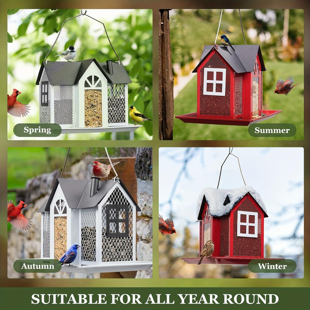 Vibrant Red Metal Bird Feeder House - Triple Feeding Station with Weather-Resistant Design, Attracts Cardinals, Sparrows