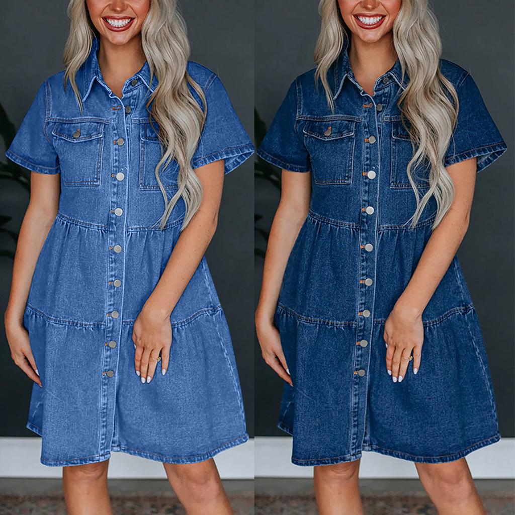 Женское модное повседневное джинсовое платье с коротким рукавом и воротником, однотонное