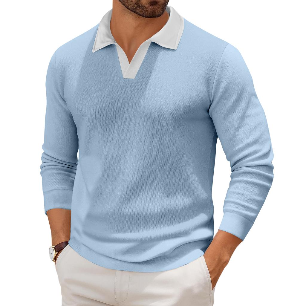Мужской повседневный трикотажный базовый топ с длинным рукавом и воротником в стиле колор-блок