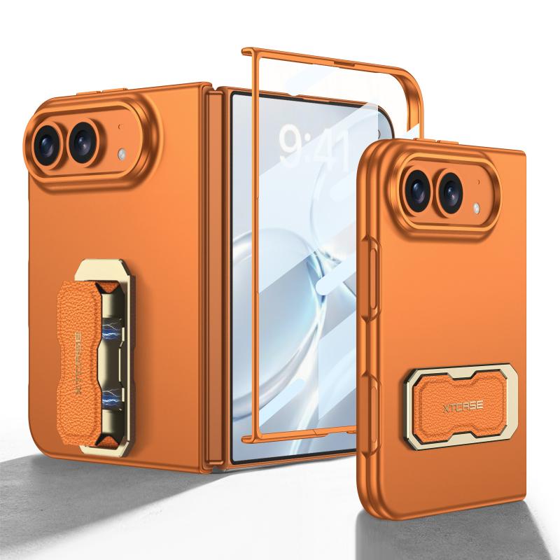 For iPhone Duo Case Ultra Slim Wrist Strap Rotating Kickstand Case & Film Shockproof Foldable Cover