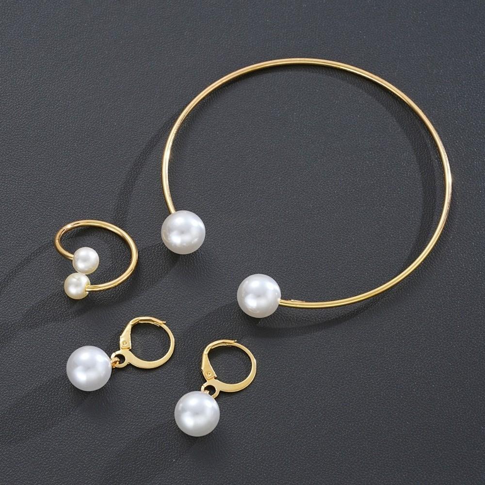 Vintage Style Jewelry Set Elegant Gold Color Jewelry Imitation Pearl Earrings Ring Bangle  Women