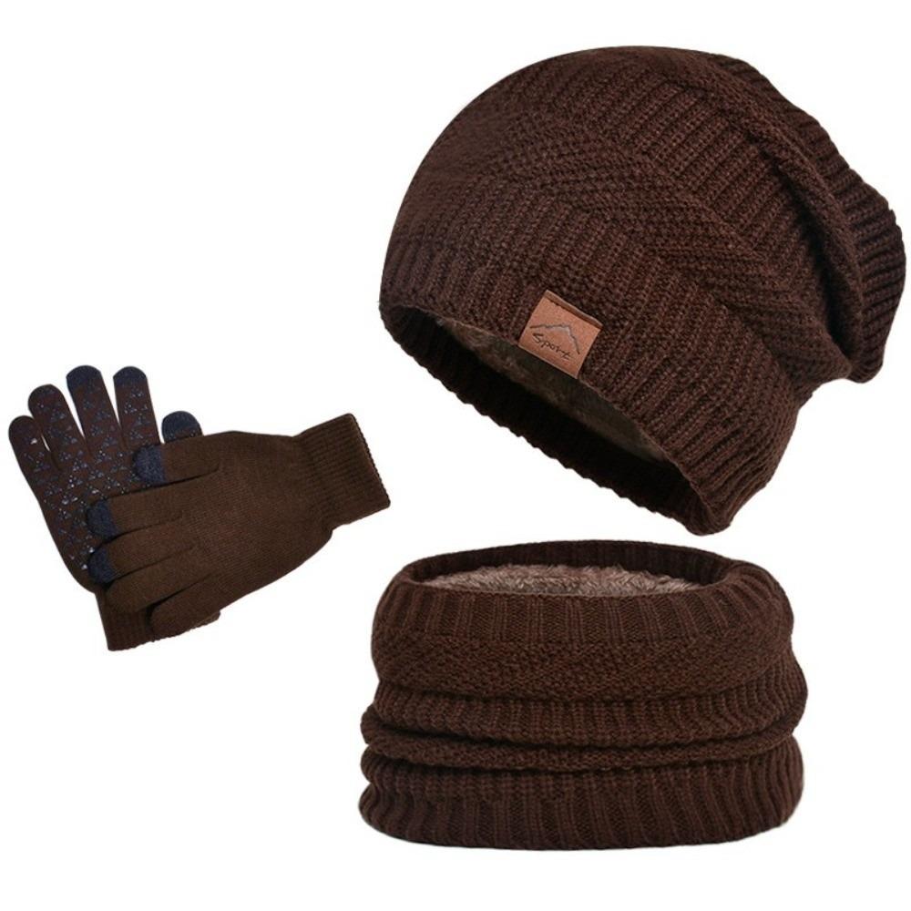 3pcs Wool Hat Scarf Gloves Set Warm Winter Beanie Hat Simple Thermal Knit Cap Skiing