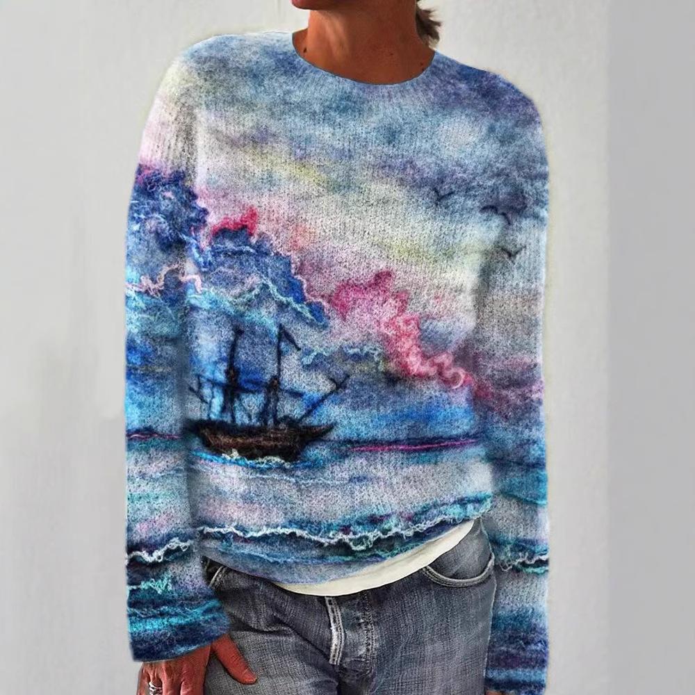 Women's Patterned Pullover Sweater Casual Loose Fit Long Sleeved Knit Top Luxurious Relaxed-fit Slimming and Versatile Top