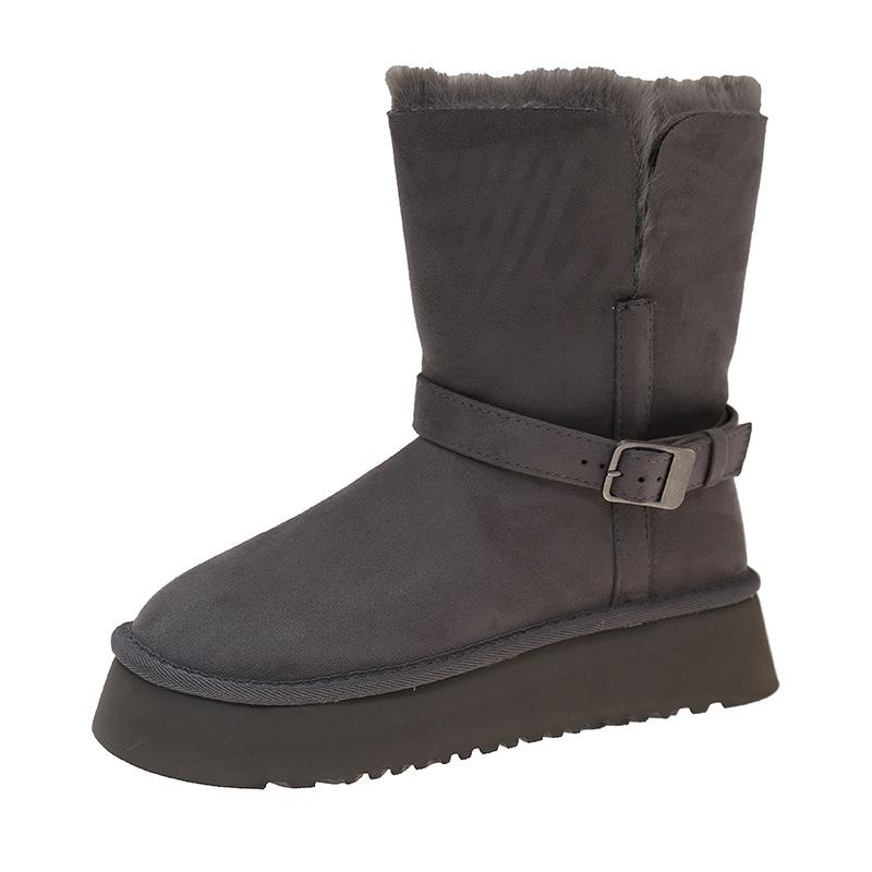 Sheepskin and Fur Integrated Thick-soled Cowhide Velvet Snow Boots Women's Boots 2025 New Leather Buckle with Thermal Cotton Boots Short Boots Women