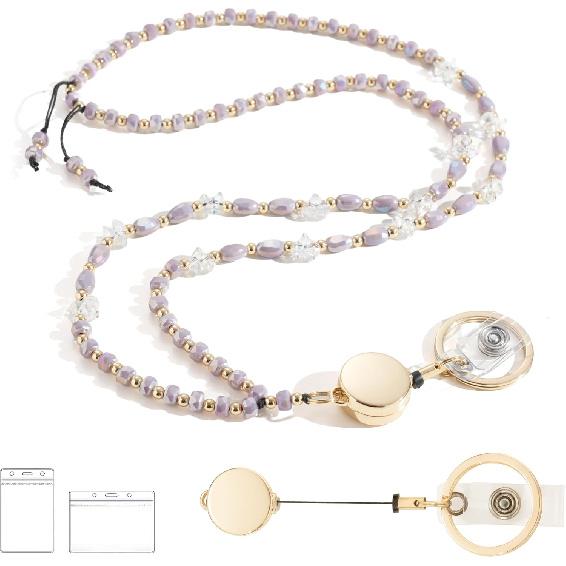 Retractable Lanyards for ID Badges and Keys, Beaded Lanyards for Women Cream Crystal, Cute Teacher Lanyard Apricot Pink