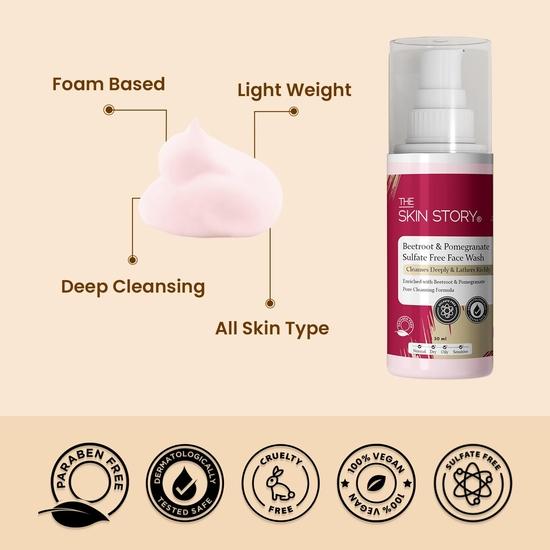 The Skin Story Свекла и гранат для умывания лица | Без сульфатов и парабенов | Очищающее средство для лица | Пенящееся средство для умывания для сияющей кожи | Для всех типов кожи | 50 мл