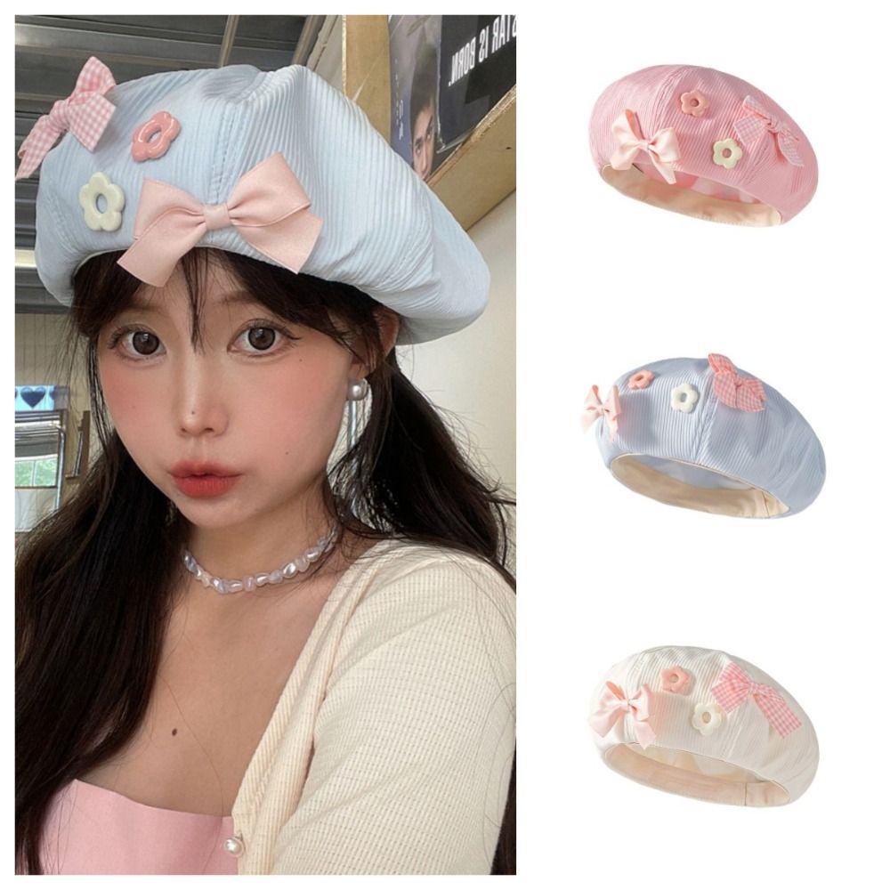 Cotton Octagonal Cap Y2k Painter Hat Sweet Bow Flower Beret  Autumn