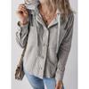 Women's Corduroy Jacket Casual Long Sleeved Hooded Button Down Short Jacket with Pockets