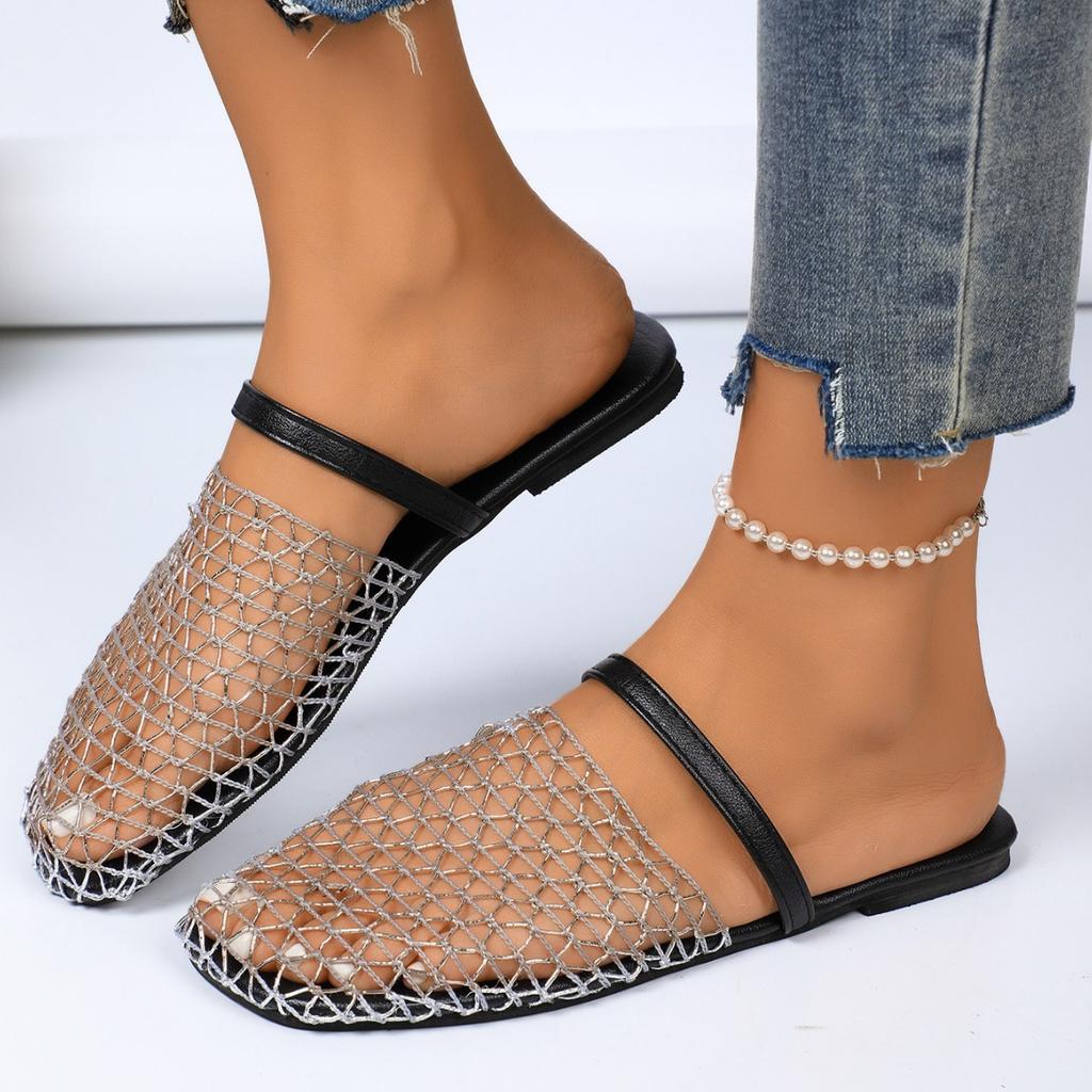 Fashionable Style Cut-out Fishnet Bread Toe Sandals Women's New Wear Flat Soles Comfortable Casual Slippers Tide