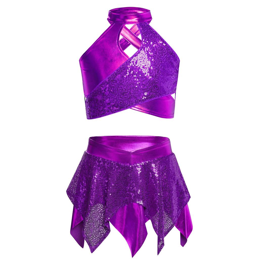 Костюм для джазового танца для девочек, блестящие пайетки, металлический кроп-топ, дизайн с перекрещенным вырезом, асимметричная юбка, наряд для выступления и соревнований