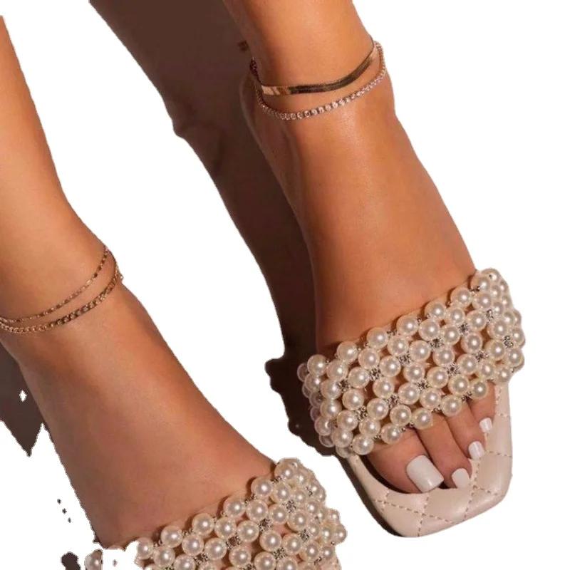 Весна и лето Новые женские жемчужные стразы женские универсальные повседневные тапочки модные однотонные туфли на плоской подошве сандалии