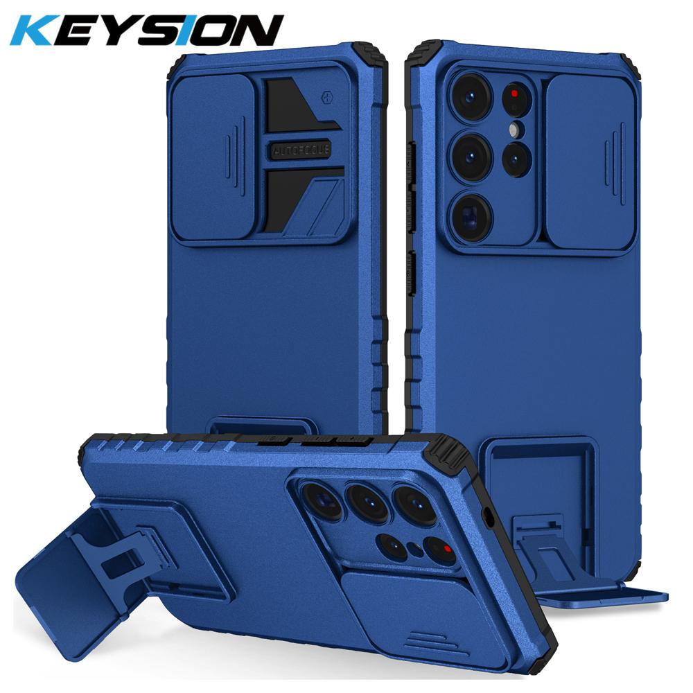 KEYSION Shockproof Case for Samsung S25 Ultra 5G S25+ Plus Slide Camera Lens Protection Live Stand Phone Cover for Galaxy S24 FE 5G
