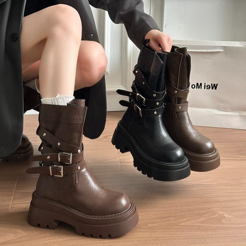 Huge good-looking belt buckle Martin boots women's autumn and winter new thick-soled heightening fashion boots short knight boots