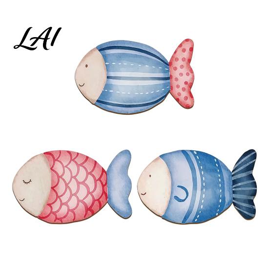 Boho Style Wall Art 3Pcs Fish Wooden Decor Watercolor Hanging Signs Nautical Hand Painted Decor Ornament for Living Room Bedroom Porch,