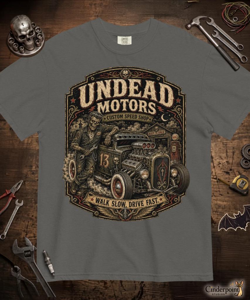 Zombie Hot Rod Comfort Tee Undead Motors Retro Garage Hot Rod Horror Shirt S-4XL