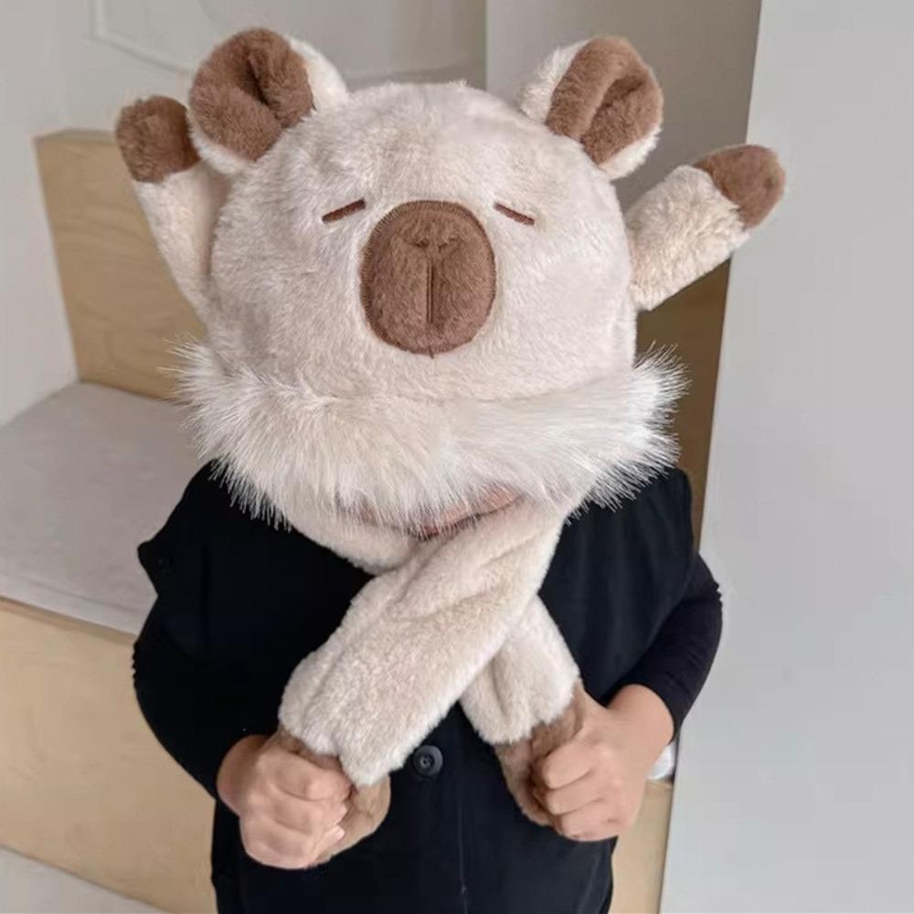 Movable Ears Capybara Hooded Scarf Windproof Plush Hat Scarf Set  Boys/girls