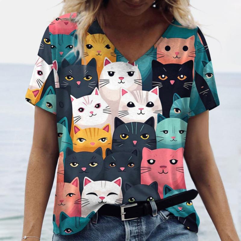 Женская футболка с забавным принтом кота Женская футболка Футболка свободного покроя Топ Летняя НОВАЯ повседневная женская одежда Дизайнерские топы с V-образным вырезом Футболки