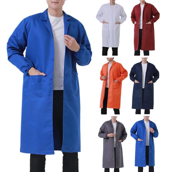 Men Long Coat Non Pilling Full Sleeve Solid Color Loose Single-breasted Pockets Thickened Dustproof Doctor Food Laboratory Beauty Salon Workwear Coat