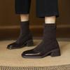 Korean Version of Square Head Elastic Suede Medium Boots Solid Color Low Heel Large Size Women's Boots Square Heel Comfortable Rear Zipper Martin B