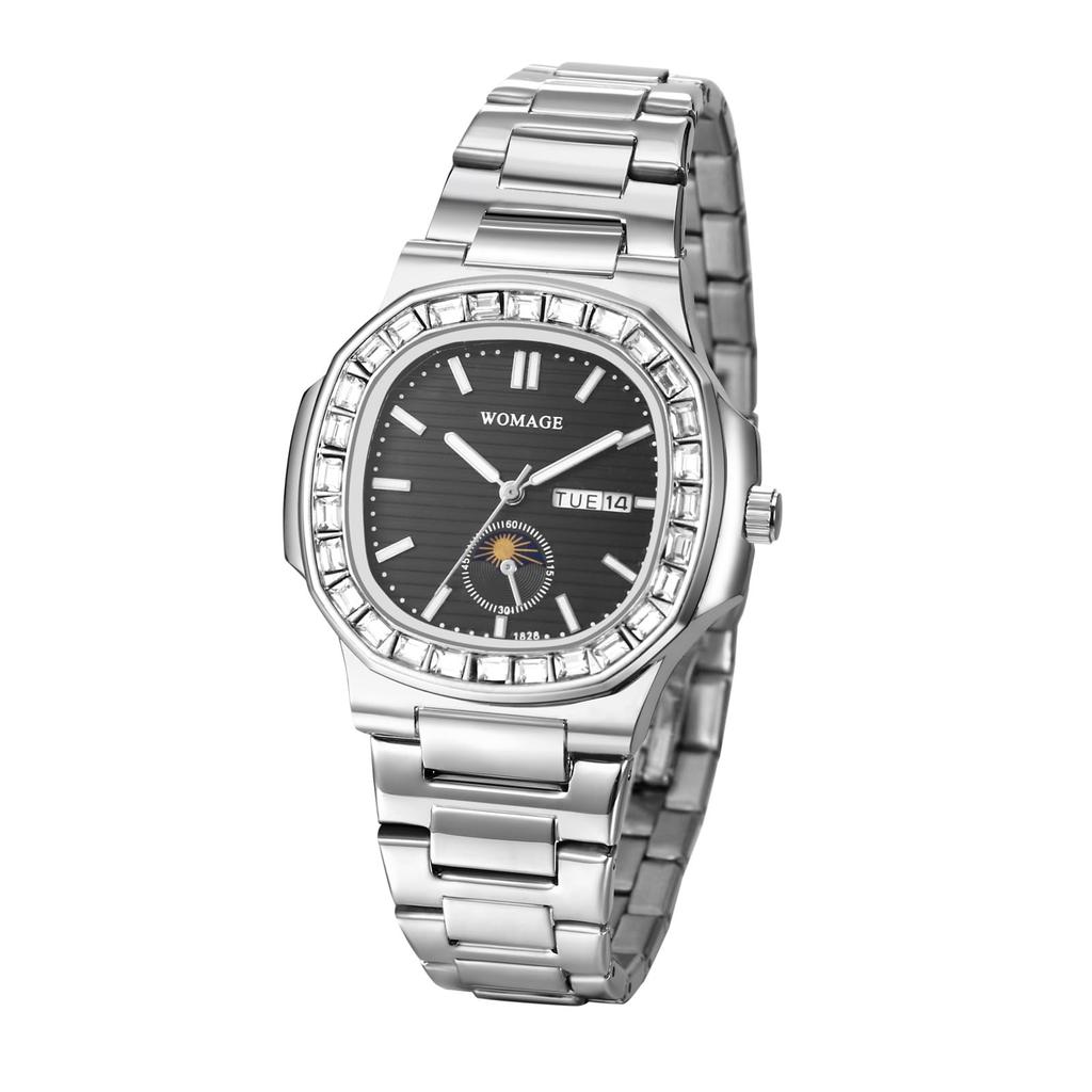 Часы с бриллиантами из нержавеющей стали с аналоговым календарем, кварцевые часы, водонепроницаемые, модные аксессуары, подарок на день рождения, годовщину, Рождество