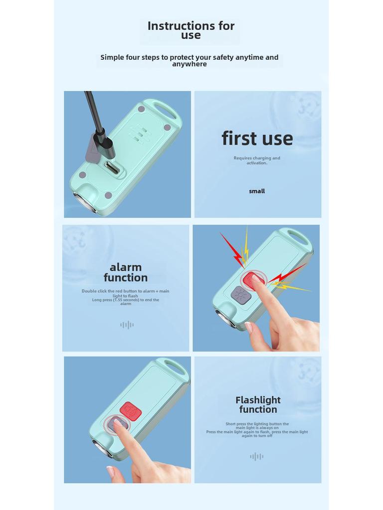 Rechargeable Waterproof Anti-Wolf Personal Alarm Keychain for Female and Child Self-Defense