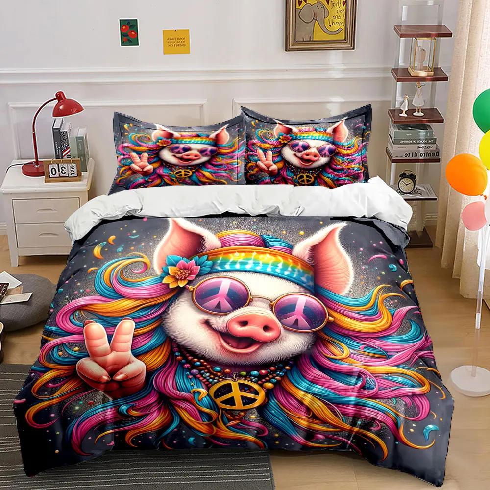 "Colorful Pig Hippie Decor Set" Soft Comfortable Duvet Cover Bedding Set Included 1*Duvet Cover & 2*Pillowcases, gift