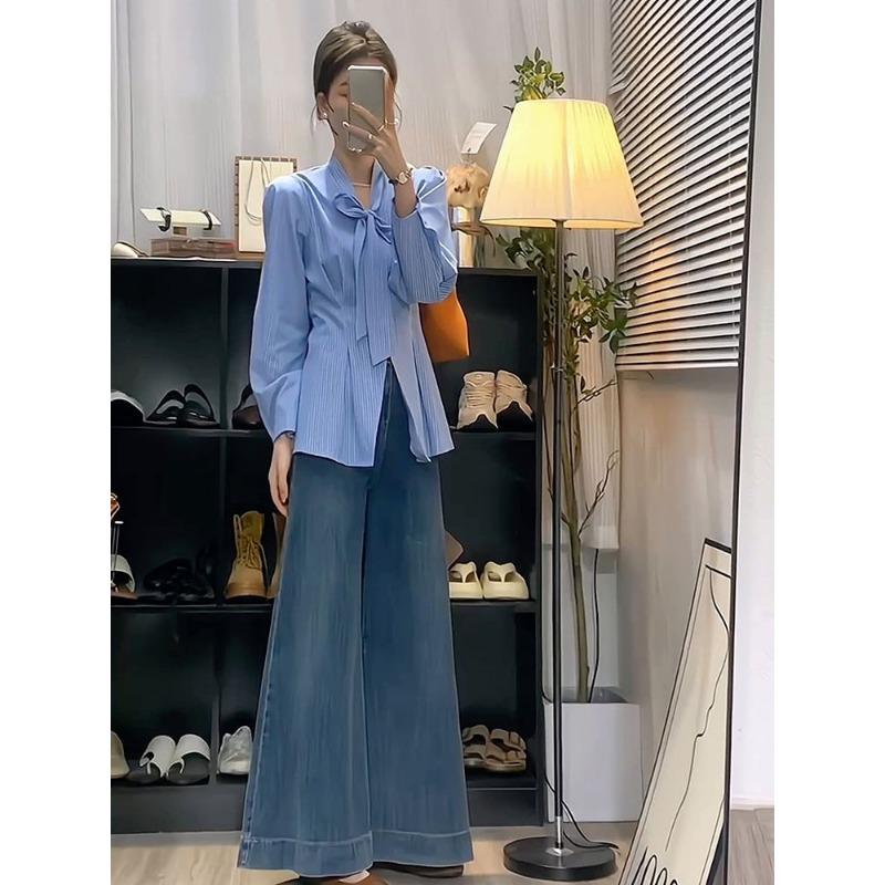 Женские полосатые синие рубашки с бантом, модные блузки с длинными рукавами, женские офисные весенние топы с защипами и талией