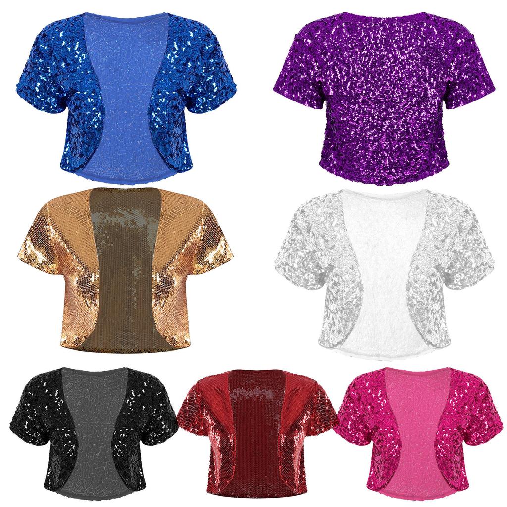 Womens Glitter Sequin Cropped Waistcoat Jacket Cardigan Coat Shiny Outwear Stage Performance Costume