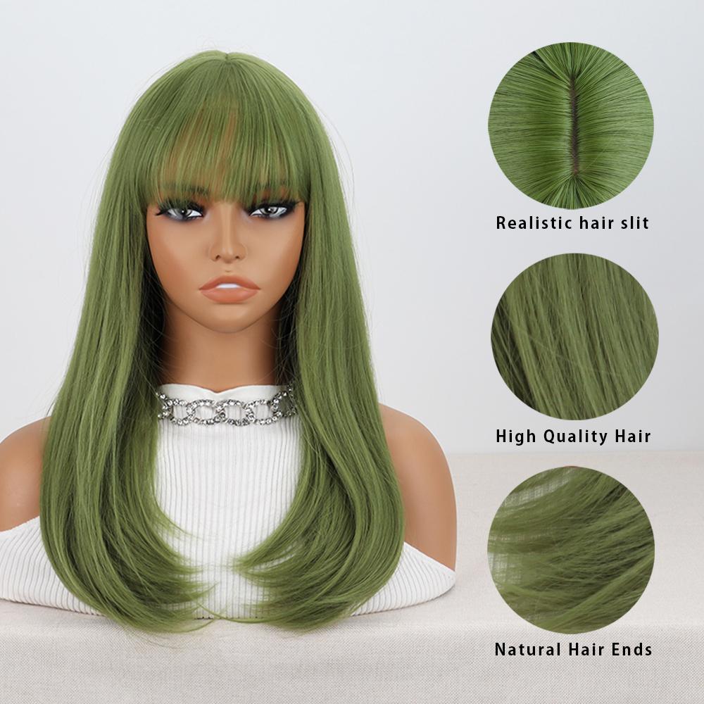 Синтетический длинный прямой зеленый парик с челкой, натуральный вид, термостойкий парик из волокна для женщин, ежедневное использование