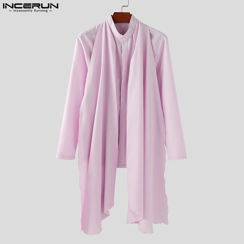 INCERUN Мужские рубашки с воротником-стойкой, длинным рукавом, пуговицами, слоями, повседневные топы