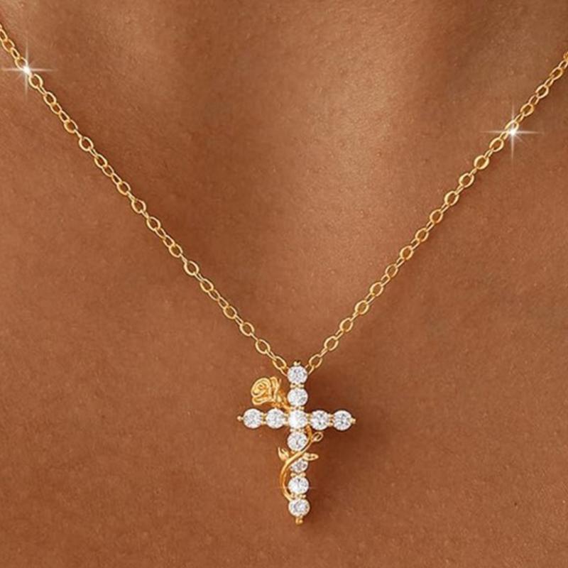 Exquisite Zircon Cross Pendant Necklace for Women Trendy Luxury Gold Color Rose Clavicle Chain Flower Jewelry Wholesale
