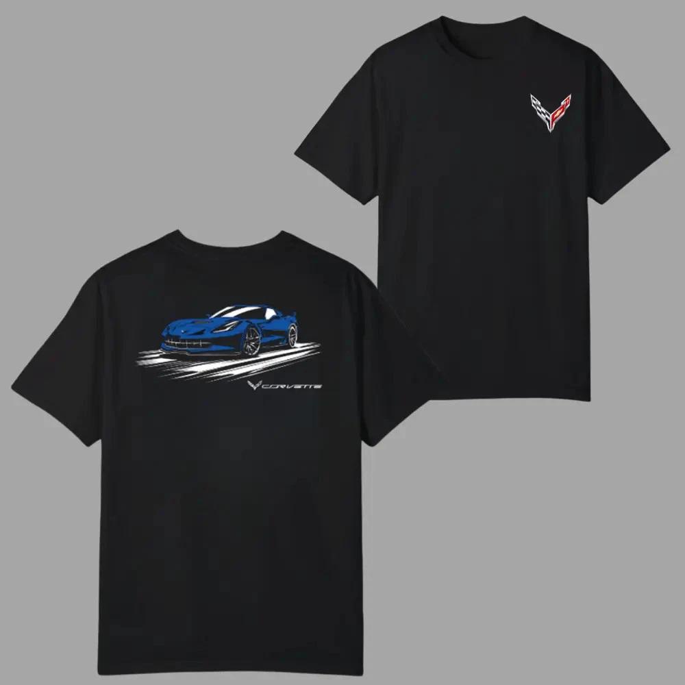 Corvette C7 Car T-shirt, Blue Sports Car Graphic 2 Sides, Front Corvette Racing