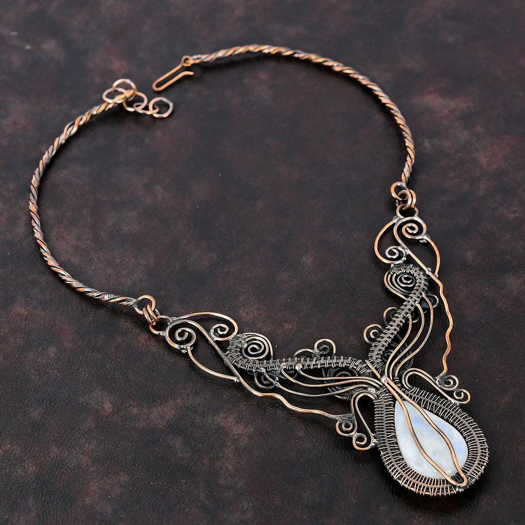 Радужное ожерелье из лунного камня, ожерелье из медной проволоки, регулируемое ожерелье, ручная работа, ювелирные изделия из проволоки, подарок для женщин, ожерелье из драгоценных камней