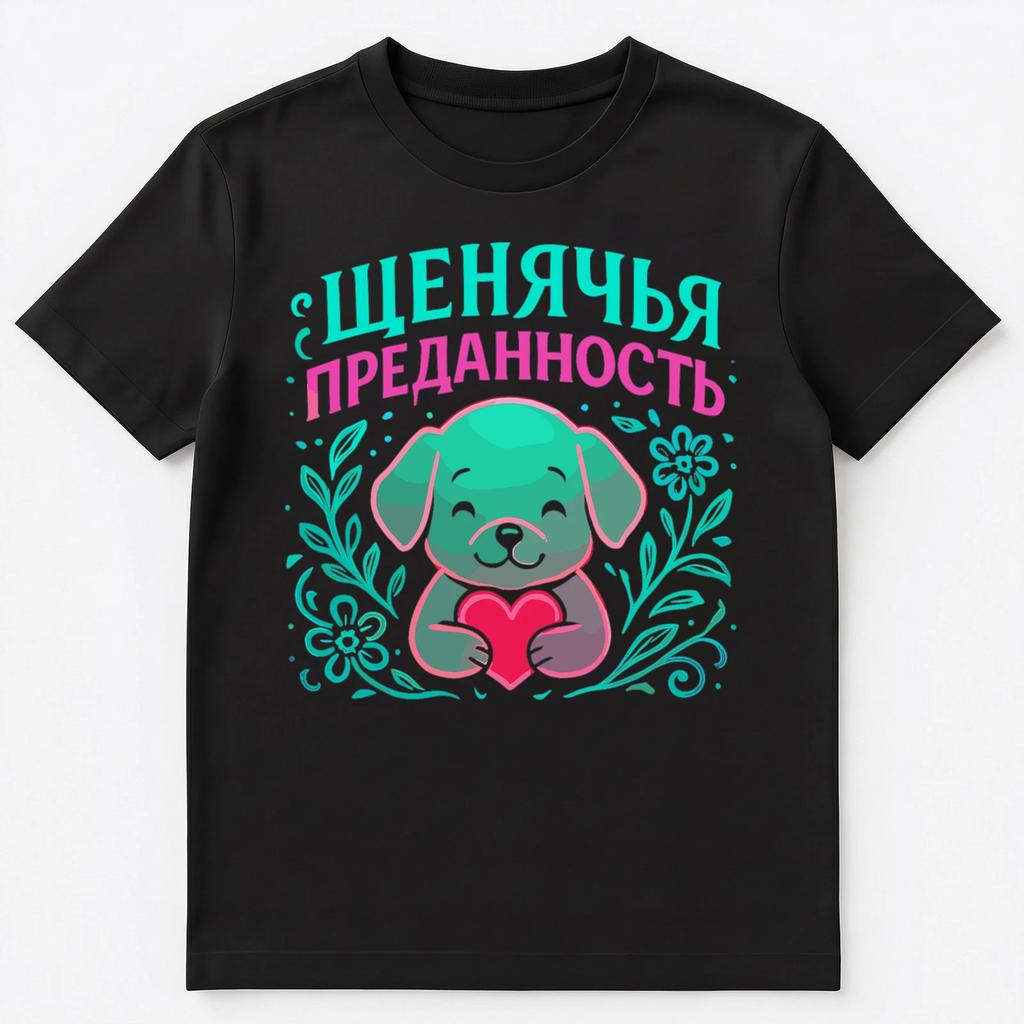 Cute Puppy Loyalty Graphic With Heart And Flowers Russian Unisex T-Shirt