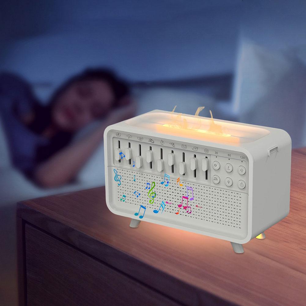 White Noise Sleep Sound Machine Flame Air Diffuser Humidifier with 8 Nature Sounds BT Speaker Night Light Essential Oil Diffuser