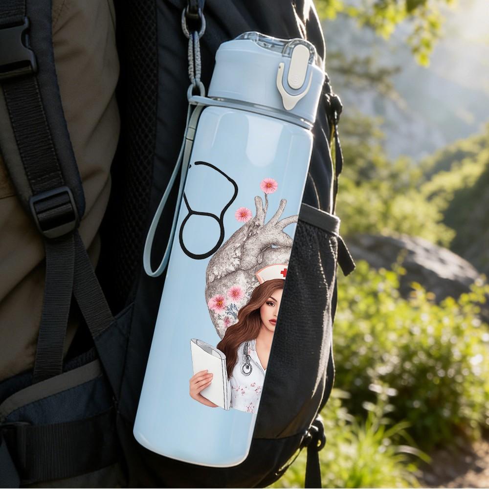 1PC Nurse Glasses Cute Portrait 750ml Color Plastic Sports Water Bottle Leakproof Flip Straw Lid Suitable for Sports Office Home Use