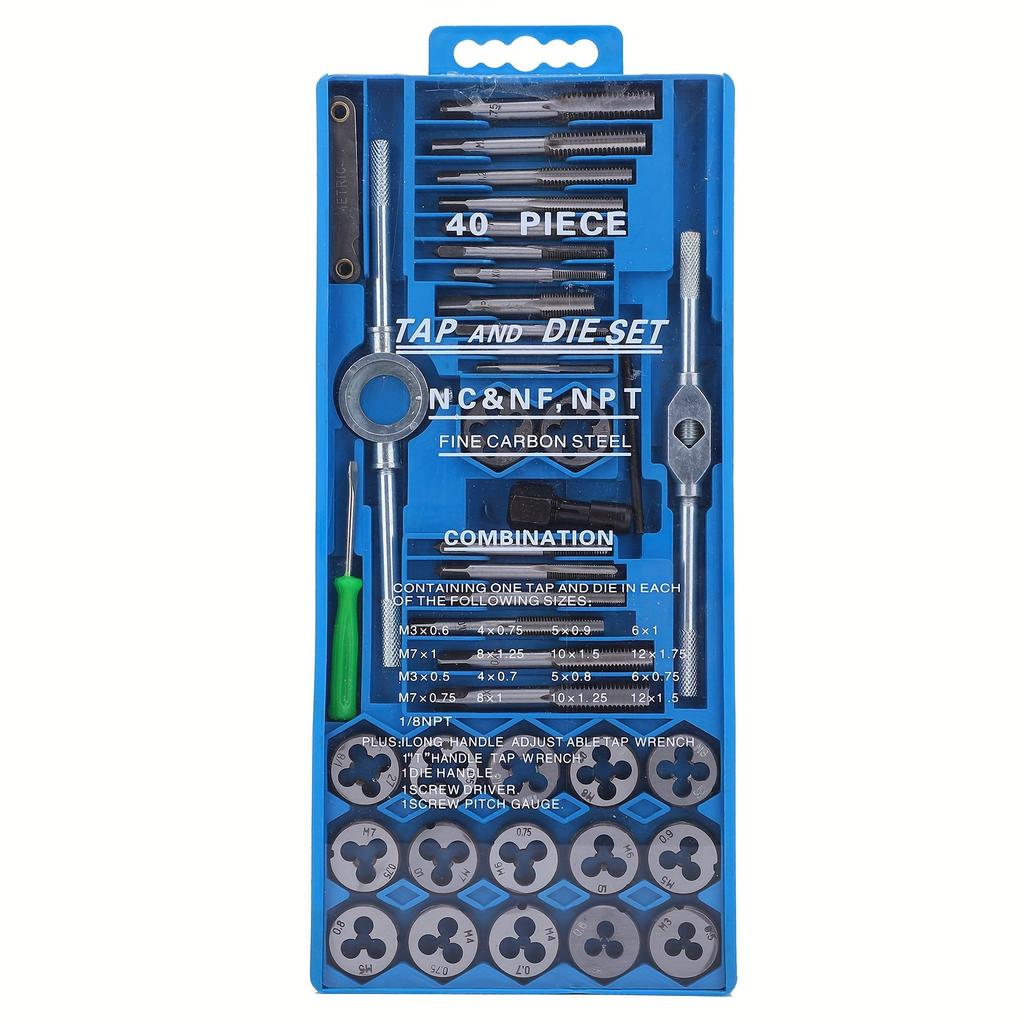40-Piece Metric Tap and Die Set, Carbon Steel Hand Threading Tools, Professional Milling and Rethreading Kit
