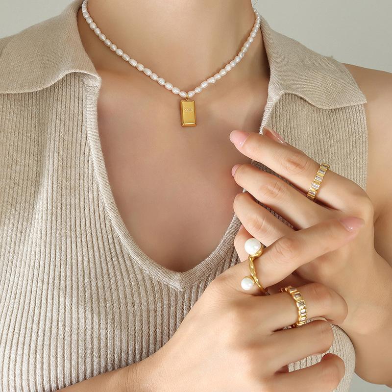 Французская элегантность, темперамент, не увядает, пресноводная жемчужина, цепочка, золотой кирпич, форма слитка, ожерелье, ювелирные изделия