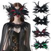 Halloween Masquerade Mask Set Gothic Feather & Lace Cape Set, Devil Horn Festive Holiday Party Outfit Cosplay Prop, Dark Vampire Queen Costume