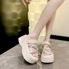 Fashion Rhinestone High-heeled Slippers for Women 2024 Summer New Outer Wear Flip Flops Thick-soled Height-increasing Platform Sandals