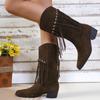 Bohemian Mid-calf Boots Women New  Winter Ethnic Rivet Tassel Boots Woman Faux Suede Pointed Thick Heel Shoe Booties Female