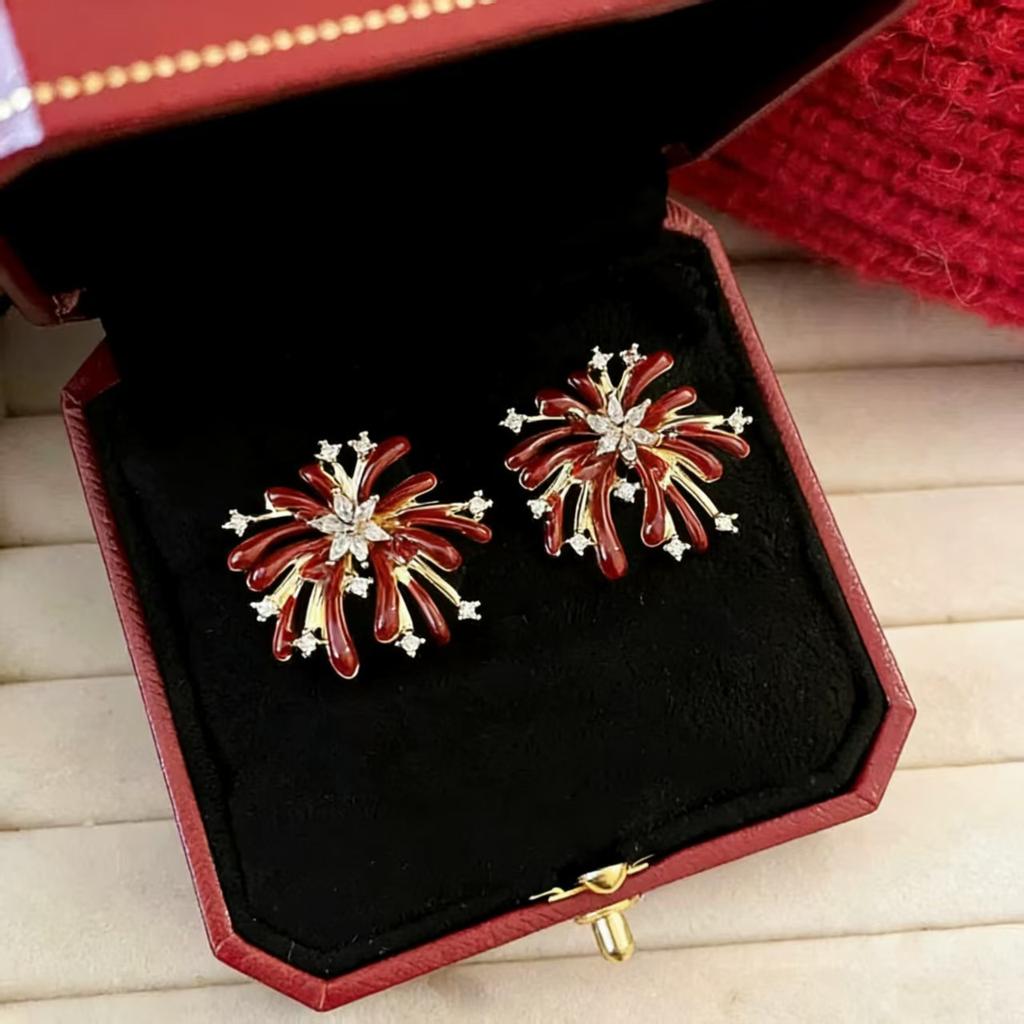 New Year's red zircon fireworks stud earrings women's ear clips 1111 new popular earrings unique niche beautiful earrings