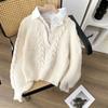 Women's Autumn and Winter Patchwork Shirt Design Sense Niche Fake Two-piece Sweater Loose Long-sleeved Knit Top Trend
