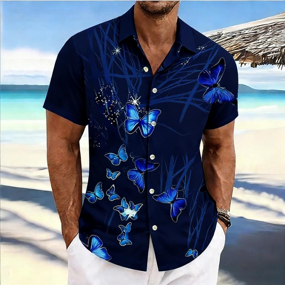 2026Men's spring new short-sleeved shirt natural butterfly high-definition 3D printed shirt Hawaiian outdoor party clothes men's