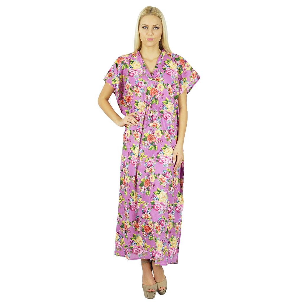 Bimba Women Long Cotton Kaftan White Floral Night Wear Classic Caftan Dress