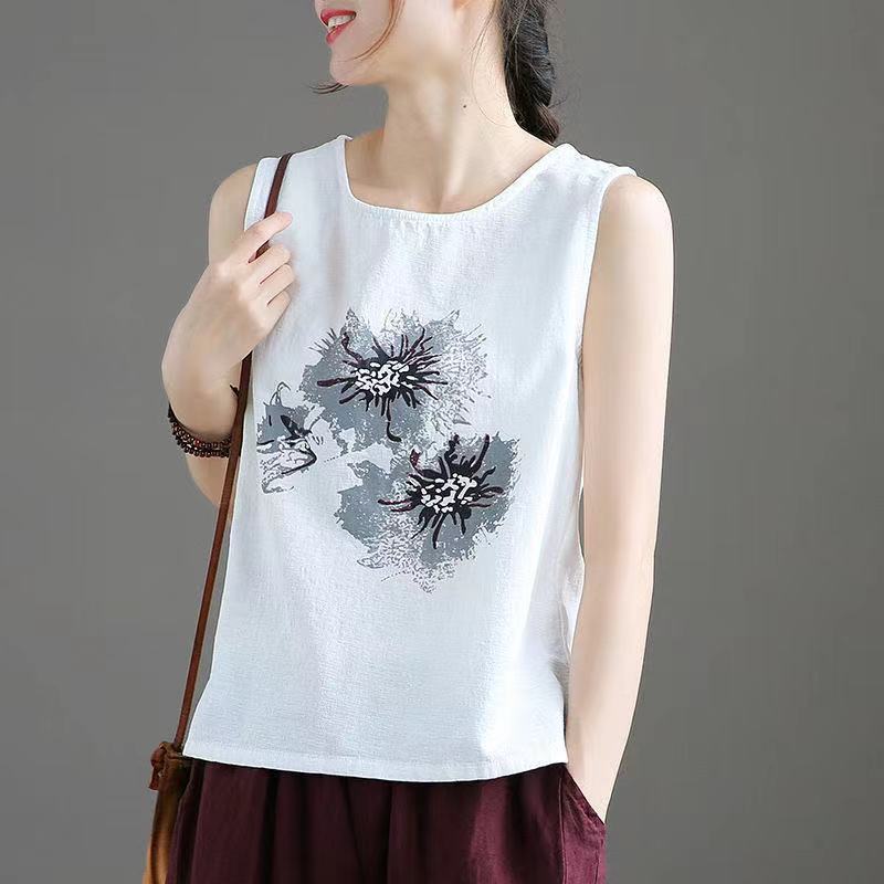 Модные женские свободные хлопковые льняные майки с цветочным принтом и принтом
